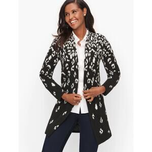 Talbots Open Front Cardigan Black white Leopard Print M